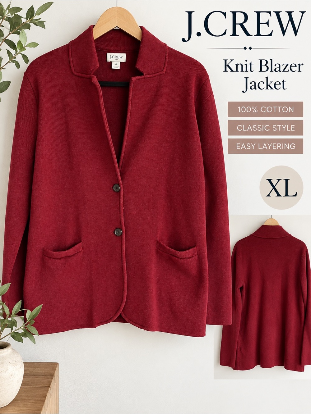 J. Crew Dark Red Maroon Cotton Knit Blazer Jacket XL